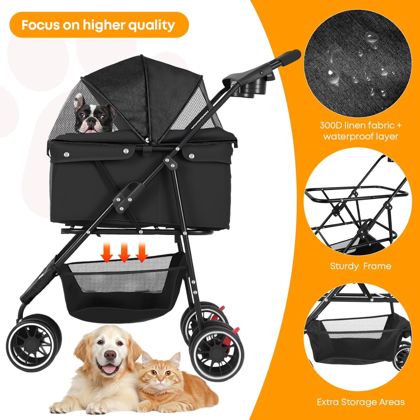 Pet Stroller,Dog Stroller for Small Medium Dogs Cats,3 Wheels,Foldable,with Breathable Mesh Canopy,Cup Holders,Easy Assembly,Black