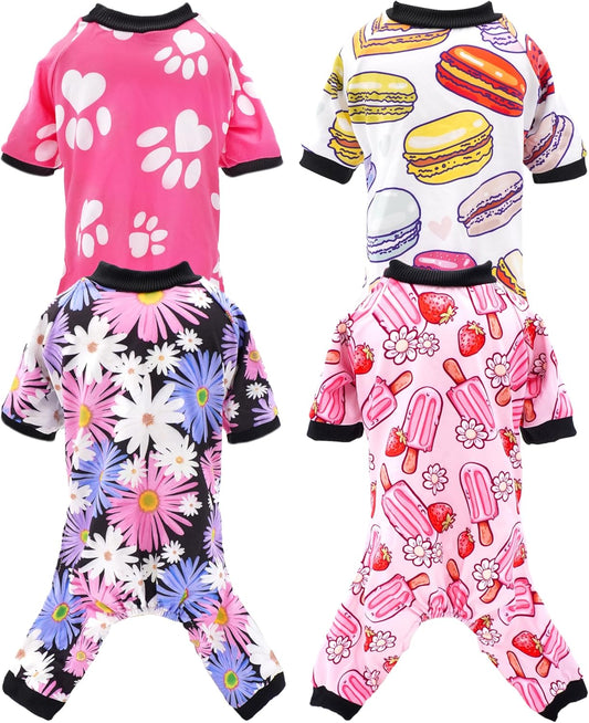 PET SHOW 4 Pack Small Dog Pajamas Girl Doggies Soft Stretchy PJs Floral Paw Jumpsuit Puppy Cats Kitten Doughnut Ice Cream Onesies Outfits with Sleeve Pets Breathable Summer Clothes Costume XS