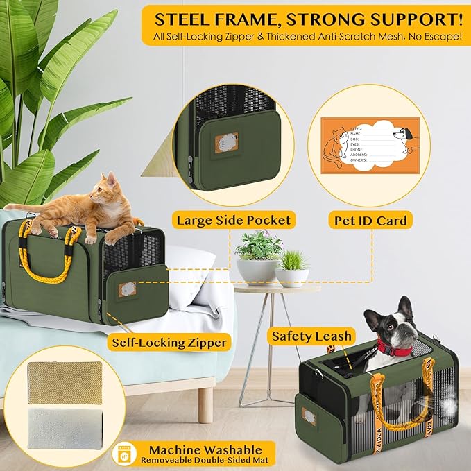 PAWZIDEA Expandable Pet Carrier w/ID Card, 18x11x11 in Small Dog Carrier TSA Airline Approved, Top Load Cat Carrier for 2 Cats Under Seat, Soft-Sided Collapsible Puppy Car Seat Dog Travel Bag, Up 15lb