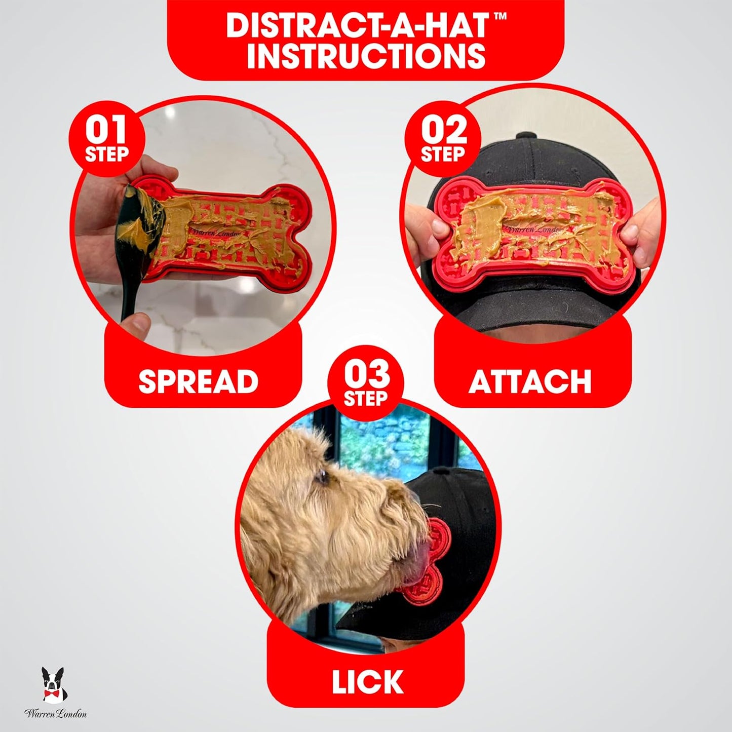 Distract-A-Hat ™ by Warren London - Dog Grooming Distraction Lick Hat for Nail Clipping and Grooming – Adjustable Fit with Adhesive Dog Lick Pad, Spreader & Cleaning Brush Included