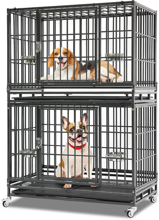 Homey Pet 37 Inch Stackable Heavy Duty Dog Crate Cage Kennel with Feeding Bowls, Lockable Wheels and Removable Tray, Escape Proof Wire Drop Dog Crates for Medium Dogs (Two Tiers)