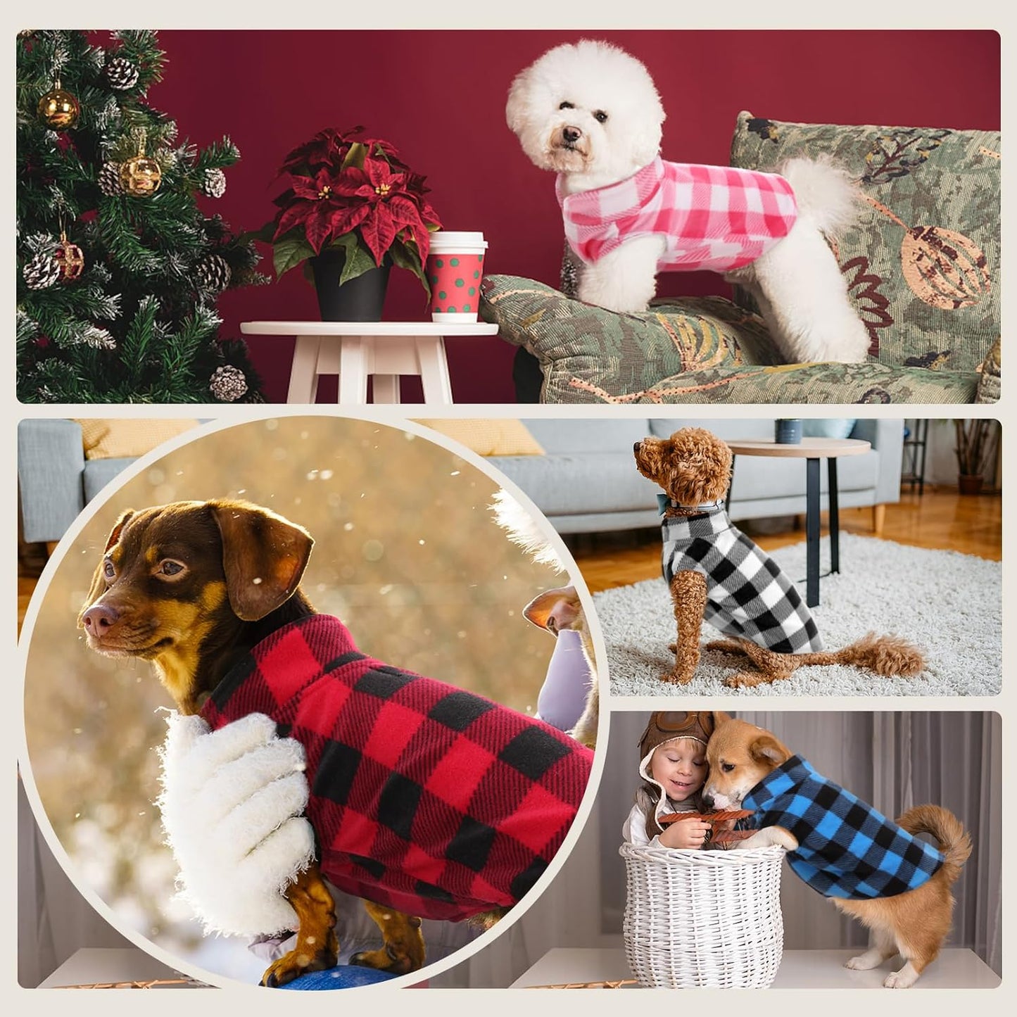 Kuoser Dog Fleece Vest,Warm Plaid Dog Sweater with Leash Hole,Soft Turtleneck Winter Pet Jacket Dogs Coat Pullover Clothes for Small Medium Dogs Cats,Spring Fall Cold Weather Christmas Outfit,Red XS