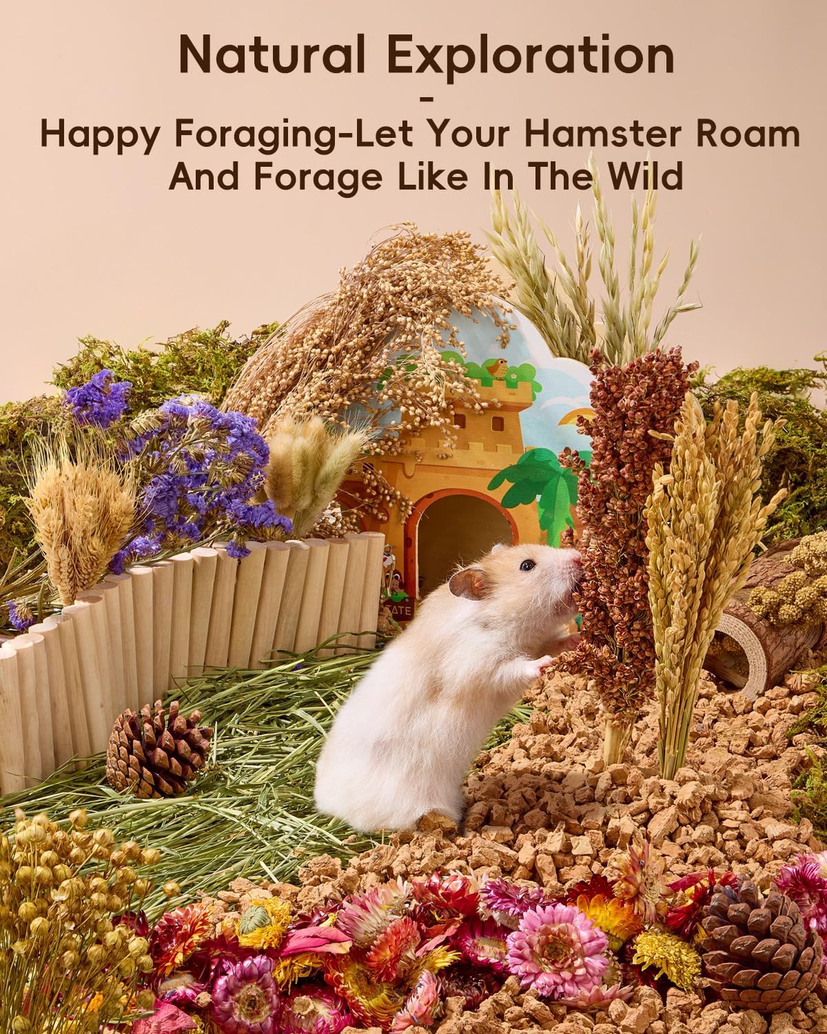 BUCATSTATE Natural Hamster Bedding - Flowers & Herbs & Sprays for Cage Habitat Decor - Treat Cereal Grain for Dwarf Syrian Gerbils, Mice, Rat, Forage, Enrichment (54PCS)