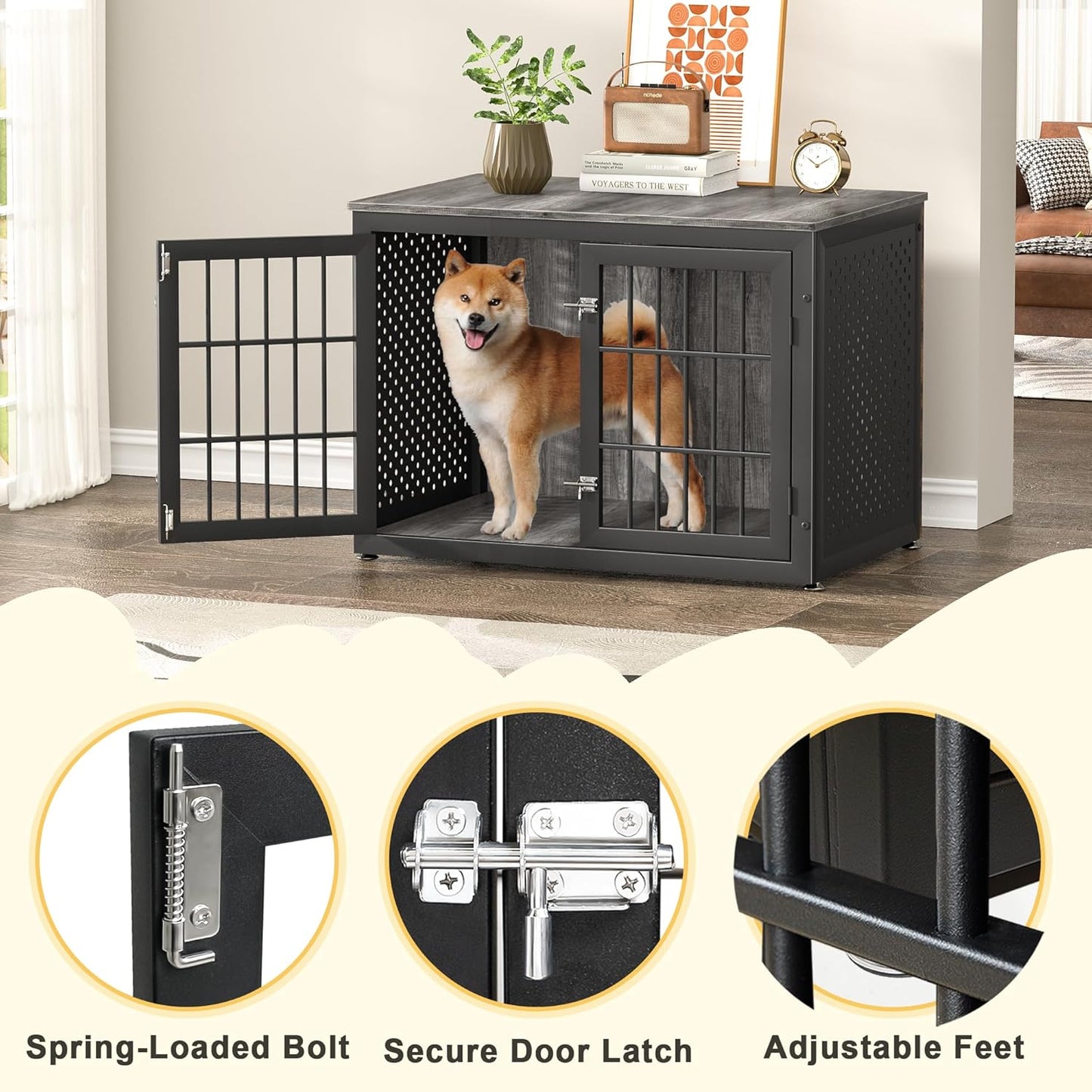 38" Heavy Duty Dog Crate Furniture for Large and Medium Dogs,Wooden Metal Kennel for High Anxiety Dogs, Chew Proof Pet Cage Indoor, Decorative Dog Kennel End Table