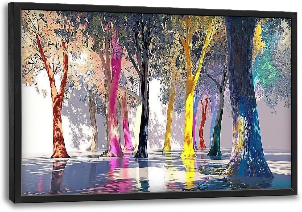 Framed Large Trees Wall Art for Living Room, Oversized Abstract Forest Wall Decor Colorful Nature Canvas Painting Modern Artwork Home Decoration for Living Room Bedroom Dining Room Office 36"x24"
