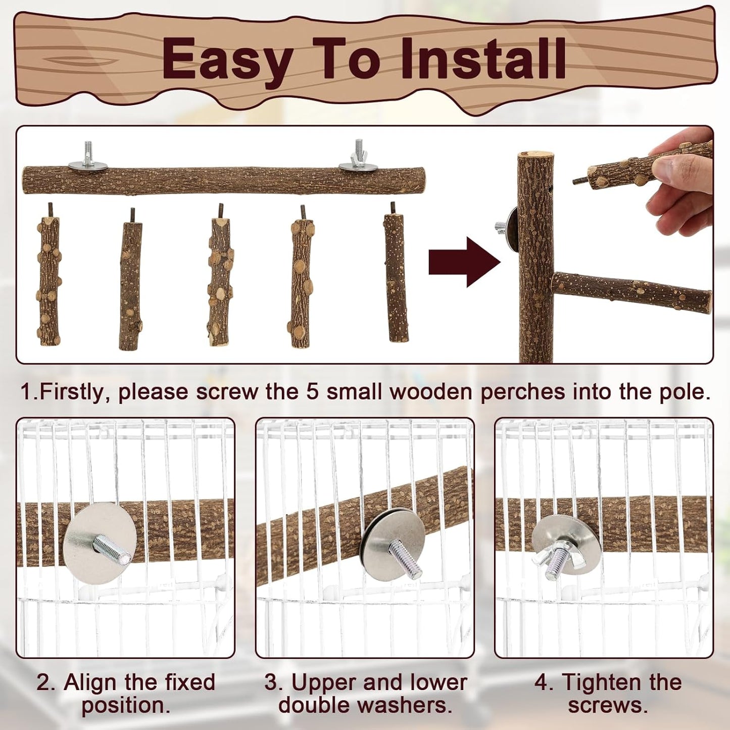 Bird Ladder Perches for Cage, Pole Standing Natural Wood Birds Perch Set, Climbing Chewing Toys, Paw Grinding Fork Parrot Cage Branch with Rope for Macaw Budgie Lovebirds