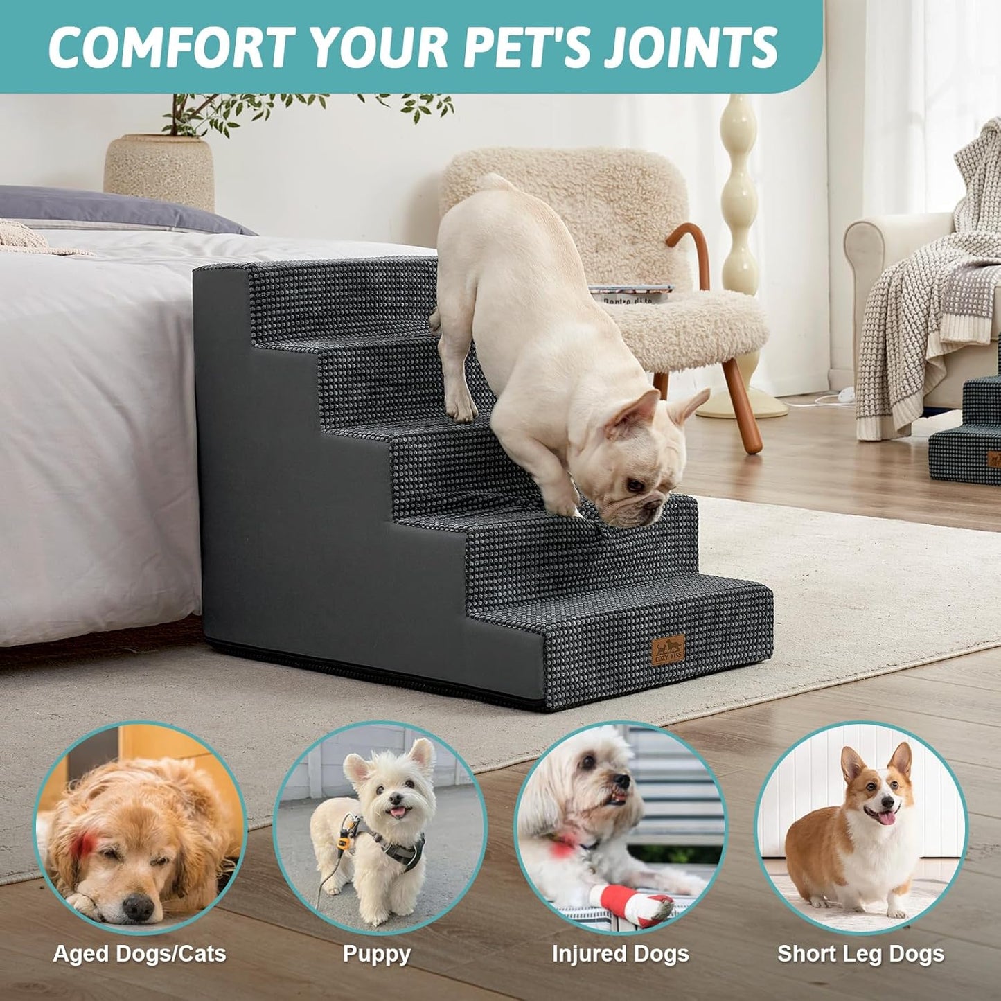 Dog Stairs for Small Dogs, 5 Tier Wider Pet Stairs for High Beds, 23.6" H Non-Slip Dog Steps for Old Cats, Puppies, Small Medium Dogs, 29.5x19.7x23.6 inch, Dark Grey