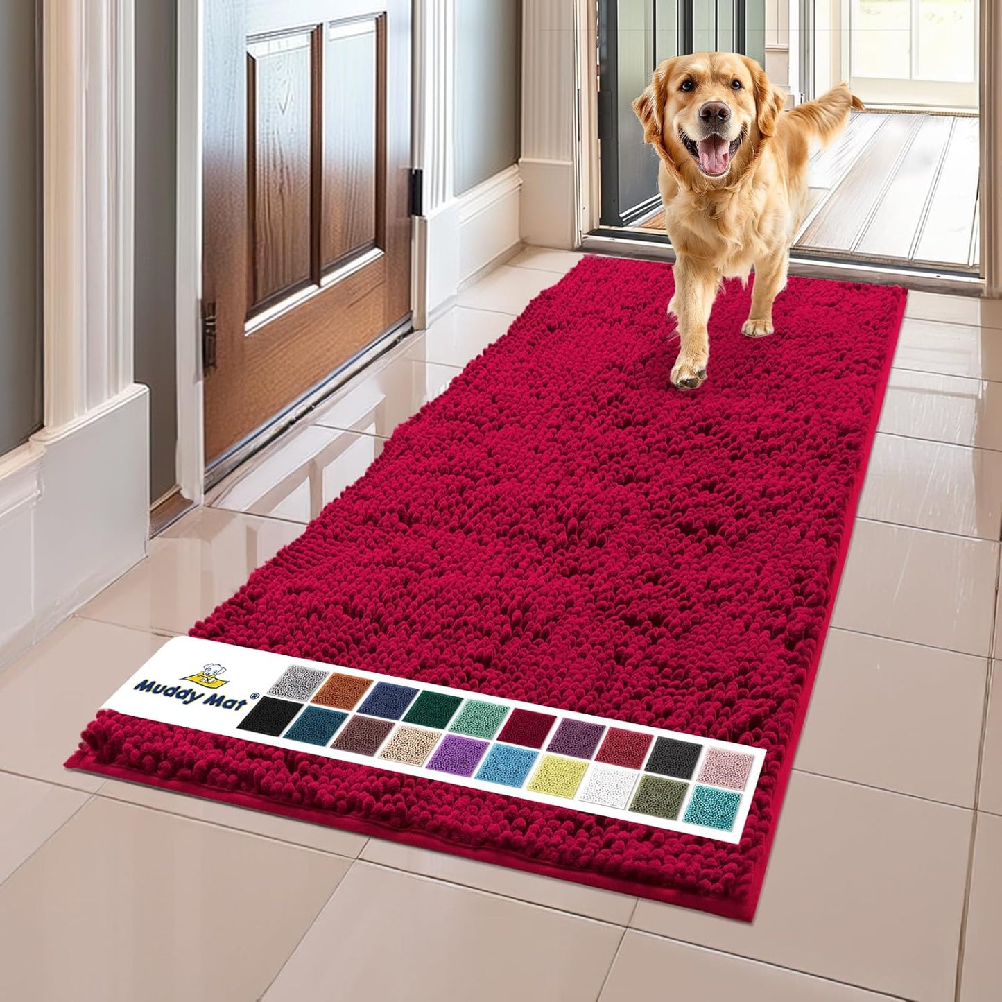 Muddy Mat® Original Dog Door Mat for Muddy Paws, Super Absorbent Microfiber, Non-Slip Washable Pet Rug, Quick Dry Chenille Entryway Carpet, Machine Washable Indoor Outdoor mat, Maroon 24"x60"