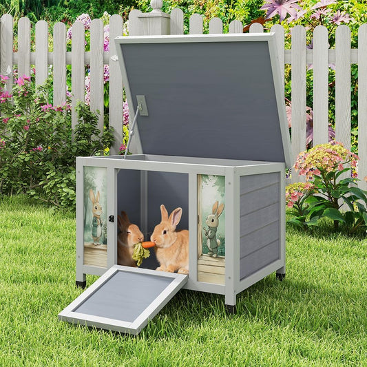 COZIWOW 24in Wooden Cat House Outdoor & Indoor Pet Shelter with Foldable Ramp - Weatherproof Rabbit Hutch with Unique Machine-Printed Art Designs for Cat, Rabbit, Guinea Pig (Grey)