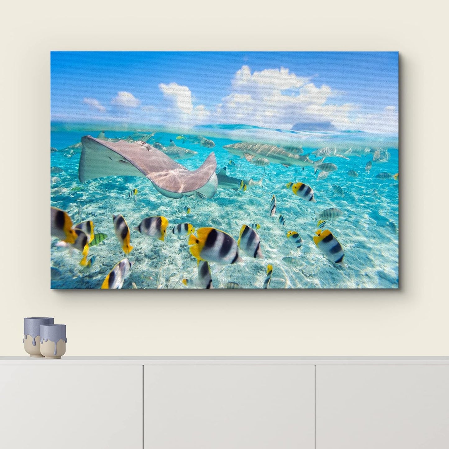 wall26 Canvas Print Wall Art Stingray & Striped Fish Under The Sea Nature Ocean Photography Realism Nautical Scenic Relax/Calm Multicolor Ultra for Living Room, Bedroom, Office - 32"x48"