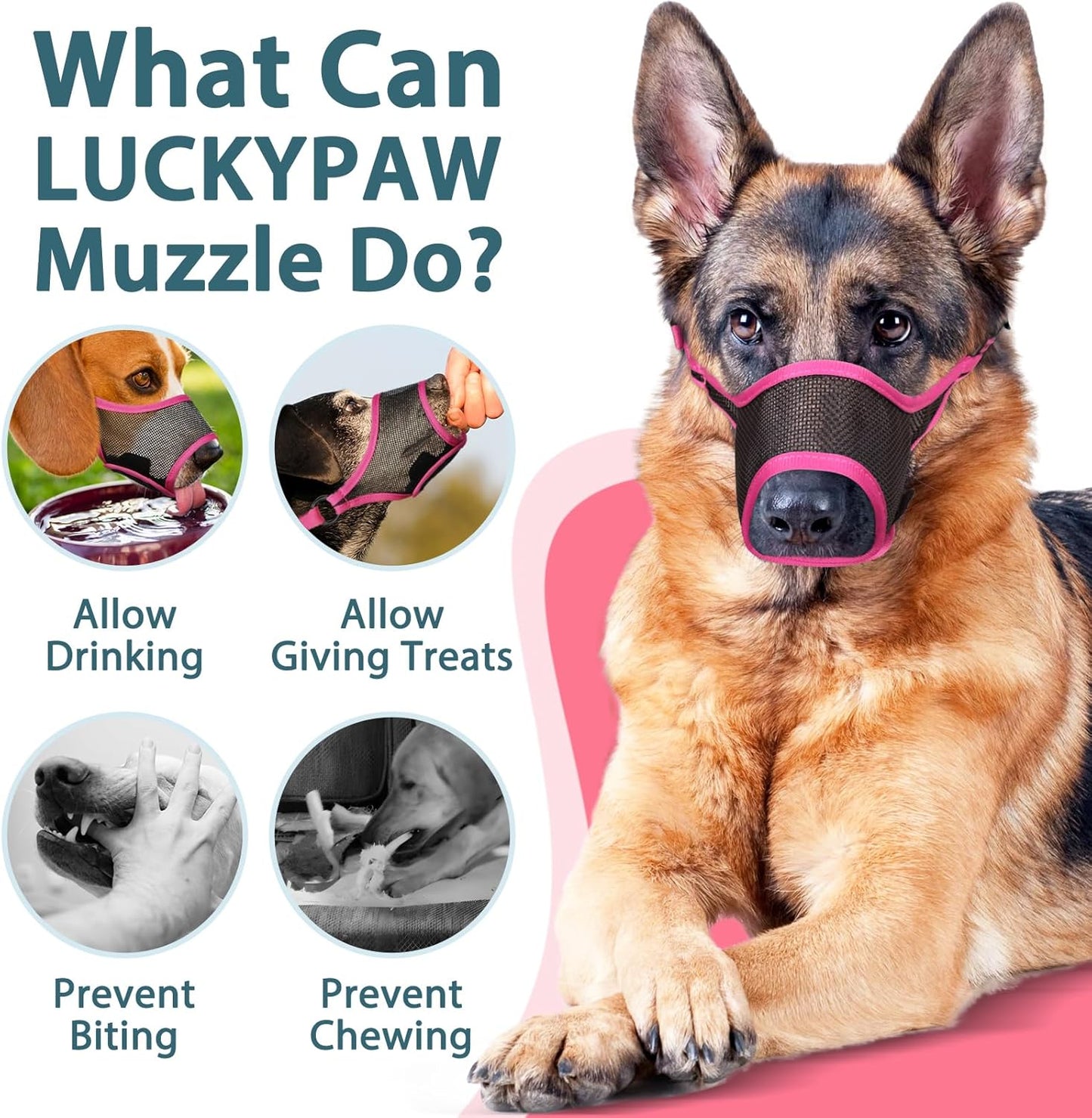 LUCKYPAW Dog Muzzle, Mesh Muzzle for Large Medium Small Dogs, Soft Mouth Guard for Biting Chewing, Breathable Mouth Guard with Adjustable Strap for Training(Hot Pink, S(Snout:7.75"-8.75"))