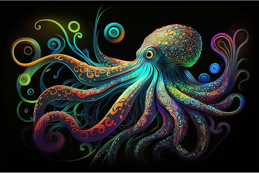 Octopus Aquarium Background Exquisite Colorful Octopus Terrarium Background Glowing Octopus on Black Background Fish Tank Backdrop Octopus Backdrops Poster Wallpaper Decorations Vinyl 24x16in