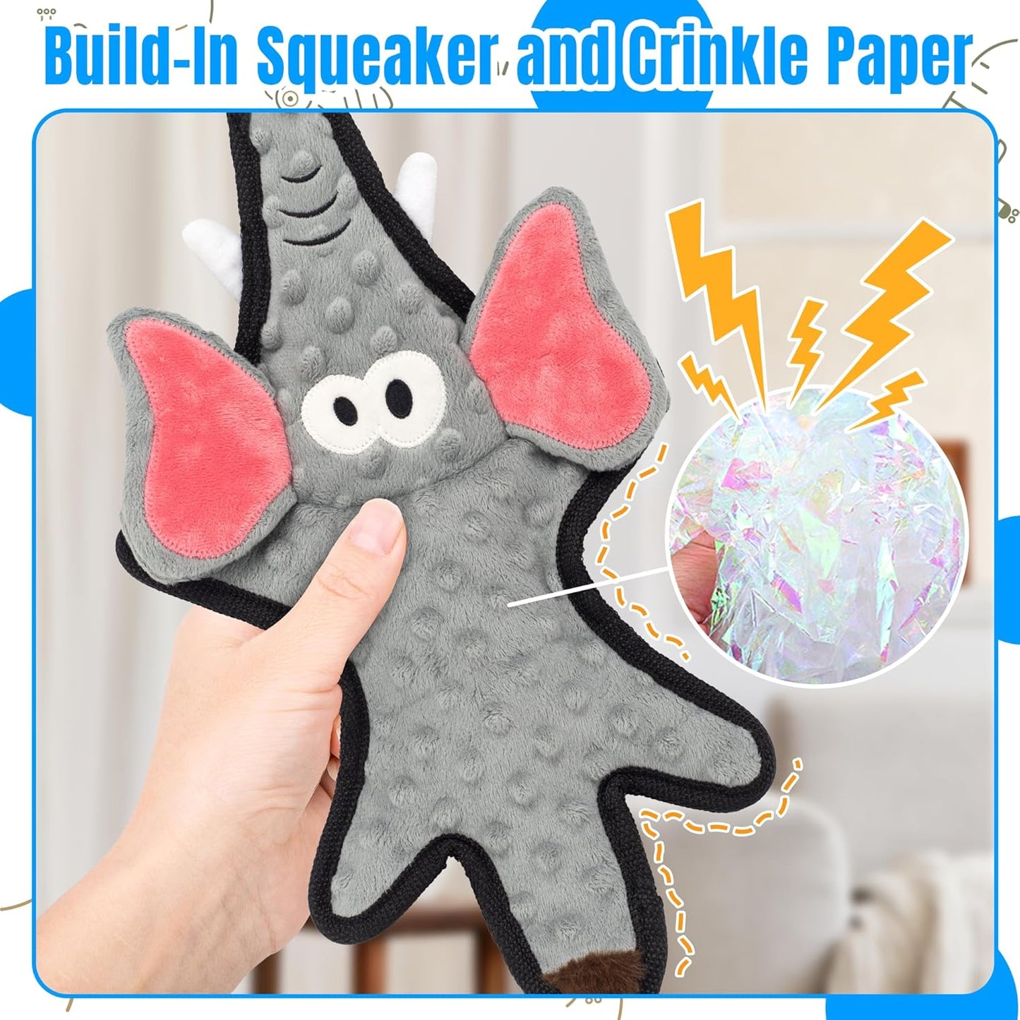 No Stuffing Dog Squeaky Toys, Glowing Eyes Crinkle Plush Puppy Toys for Teething Chewing, 5pcs Flat Tough Dog Toys Set for Large Medium Small Dogs to Keep Them Busy