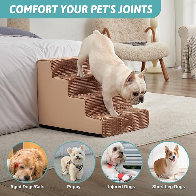 Dog Stairs for Small Dogs, 4 Tier Wider Pet Stairs for Couch and Beds, 17.7" H Non-Slip Dog Steps for Old Cats, Puppy, Small Medium Dogs, 17.7x23.6x17.7 inch, Light Brown