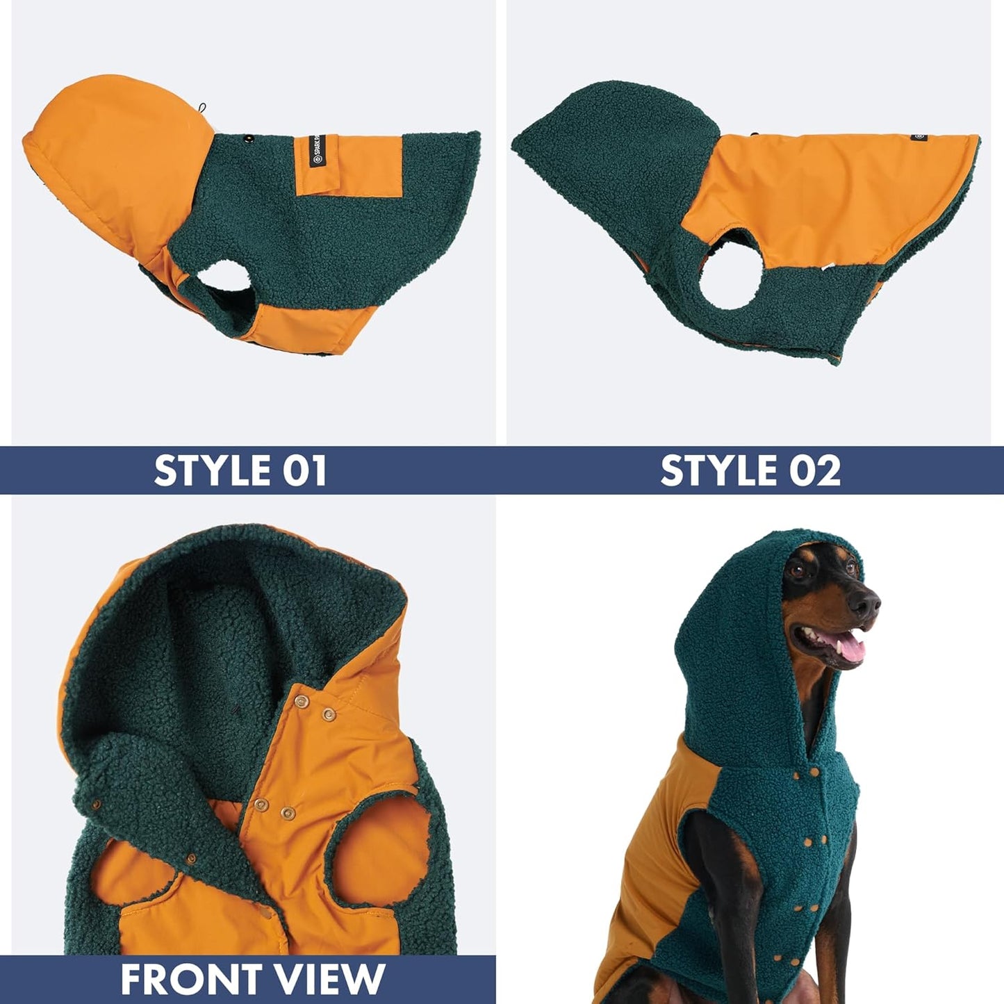 Spark Paws Reversible Dog Sweater, Sherpa Jacket Vest with Warm Fleece Lining, Warm Coat for Winter, Suitable for Small Medium, Large, XL XXL Dogs - Orange and Green - S