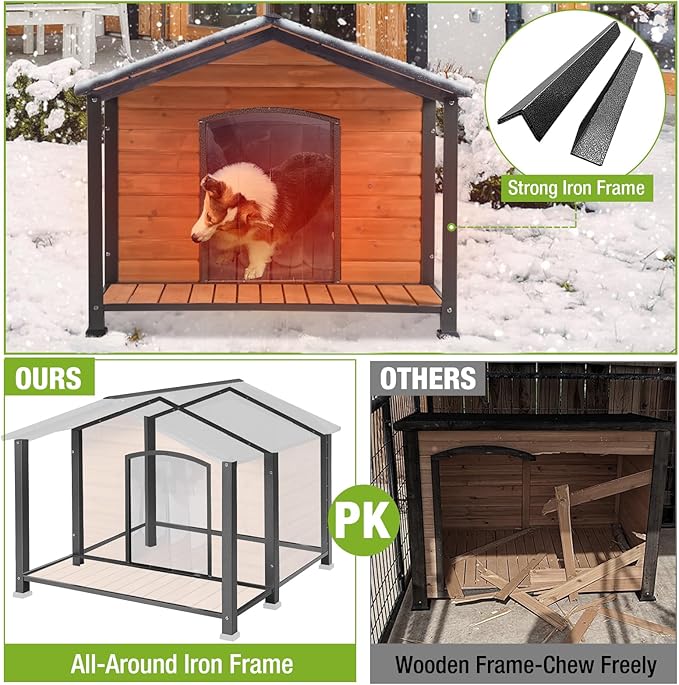 Dog House Outdoor Large Insulated Dog Kennel with Liner for Winter Waterproof Dog Cage for Small & Medium & Large Dogs,Unique All-Around Iron Frame