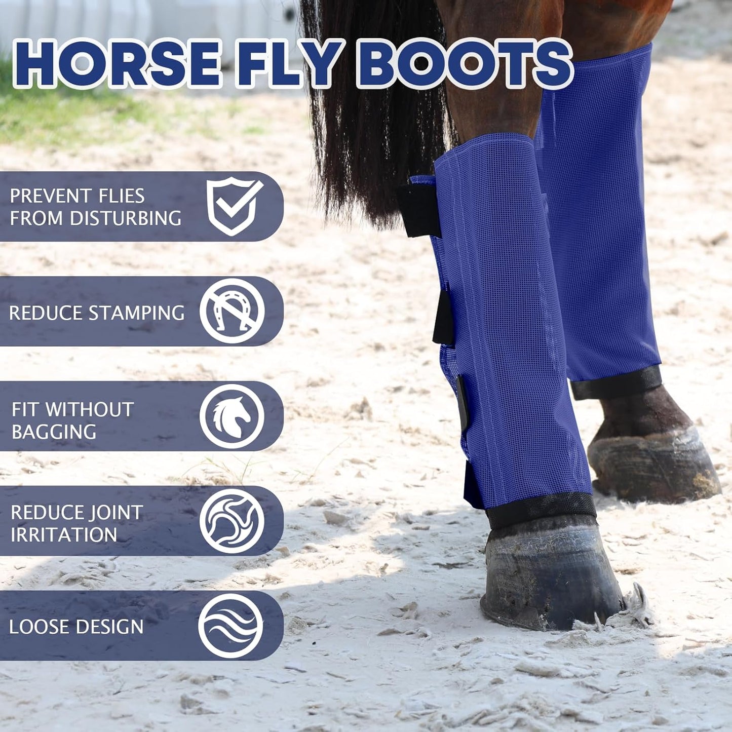 Premium 4-Pack Horse Fly Boots & Leggings Loose-Fit Fine Mesh with Stay-On Fasteners, Support Strips & Anti-Stomp Design Breathable Non-Slip Protection Leg Wrap (Large) Royal Blue