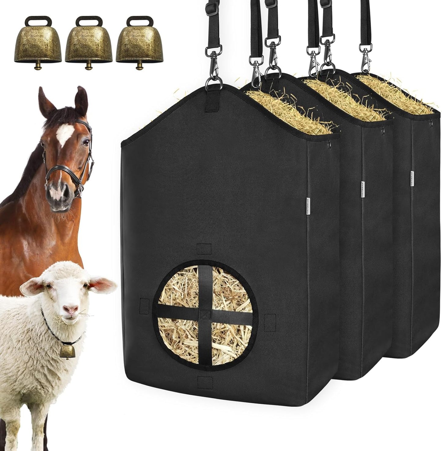 3 PCS Goat Hay Feeder,Hay Bags for Horses,Goats,Donkeys with Reinforced Oxford Fabric and High Strength Metal Clasp,Horse Feeding Supplies with Adjustable Strap for Easy Hanging (3Black)