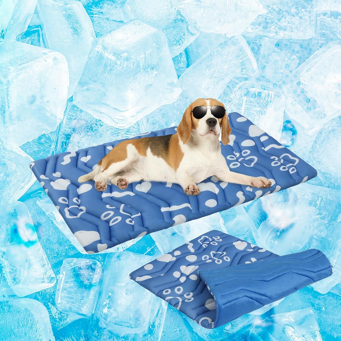BEAUTYZOO Dog Cooling Mat- Upgraded Thicken Cooling Mat for Large Dogs Reversible(Cool & Warm) Pet Ice Cool Bed Washable & Portable, Summer Crate Pad for Big Dog Puppy Up to 44 lbs, Paw Blue 36X23IN