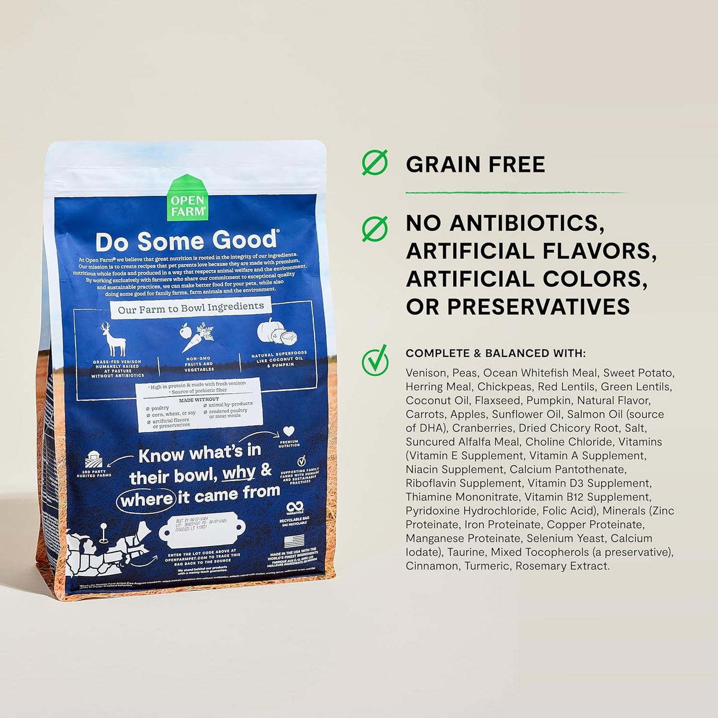 Open Farm, Grain-Free Dry Dog Food, Complete & Balanced Kibble, Sustainably & Ethically Sourced Ingredients, Non-GMO Veggies & Superfoods Support Overall Health, New Zealand Venison Recipe, 11lb Bag