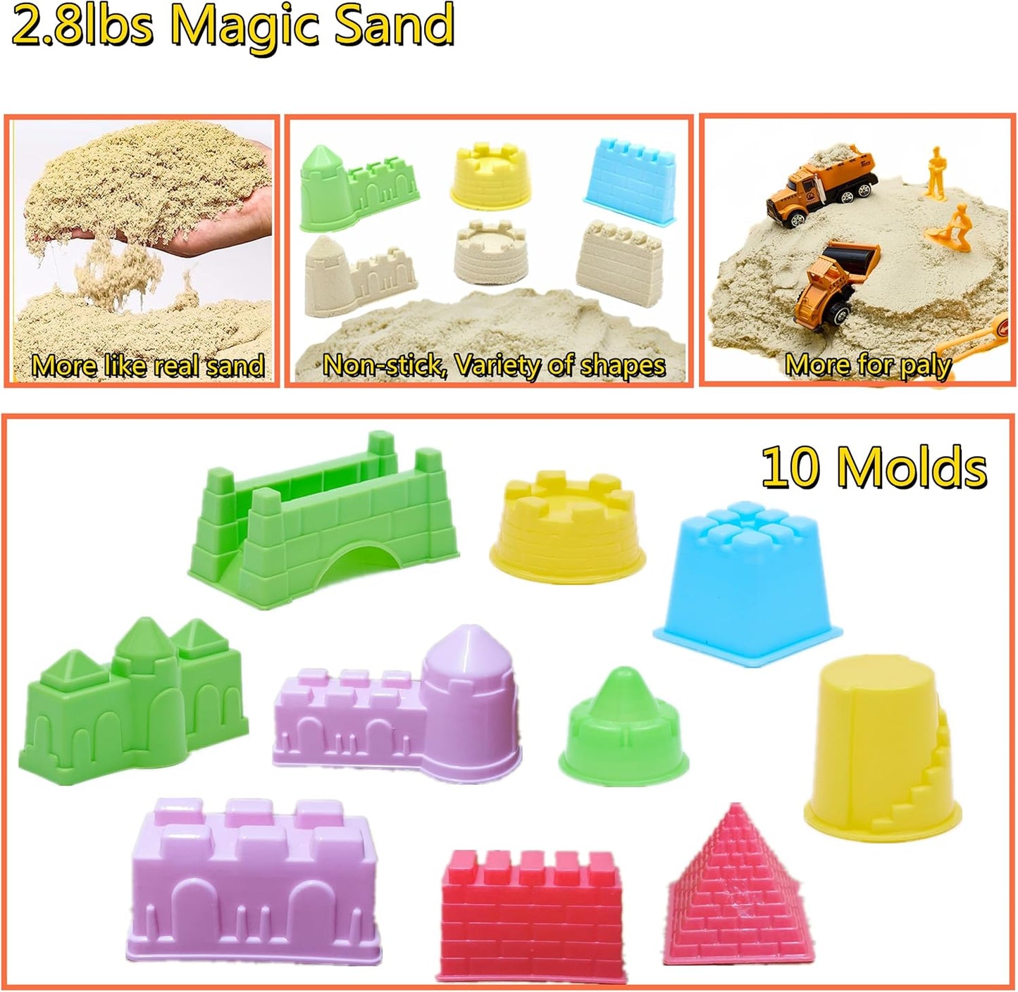 Sand Construction Kit, 2.2lbs Play Sand with Sandbox, 1 Toy Mat 8 Alloy Construction Trucks Race Tracks 10 Sand Molds Sensory Bin Toys for Toddlers Boys Girls Ages 3-8