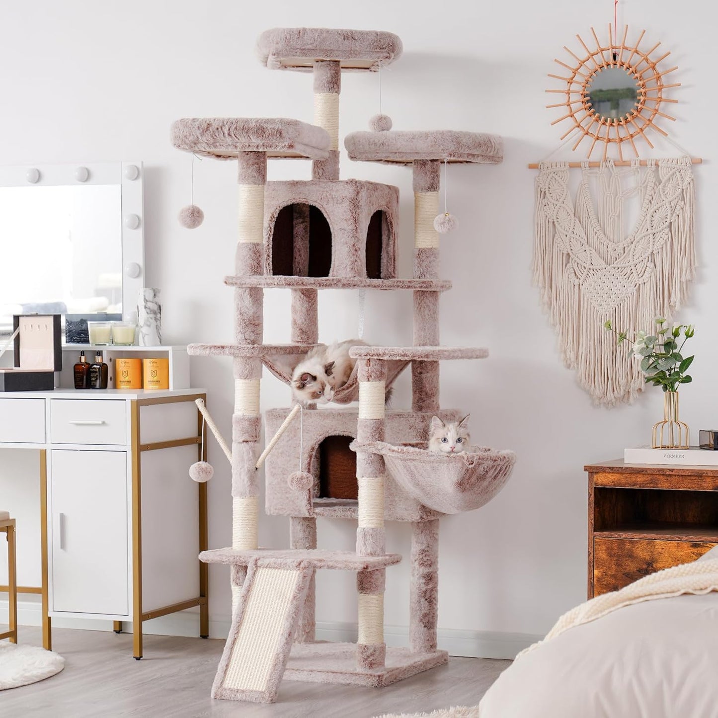 Hey-brother Cat Tree, 71 inches XL Large Cat Tower for Indoor Cats, Multi-Level Cat House with 3 Padded Perches, Big Scratcher, Cozy Basket, 2 Cat Condos and Scratching Posts, Muchroom MPJ034MU