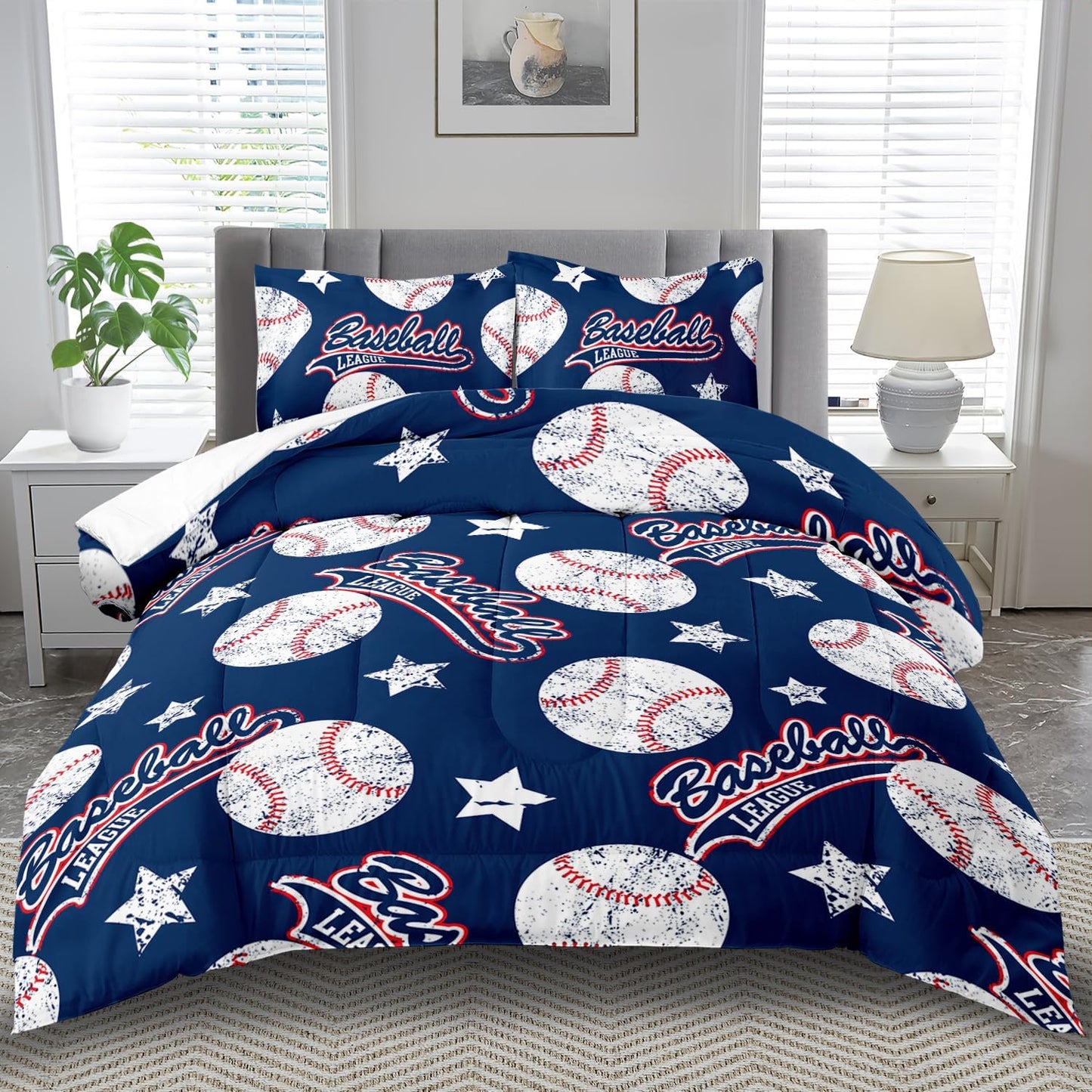 Baseball Comforter Set Twin,Sports Bedding Sets for Boys,Blue Sports Comforter Twin Bedroom Decor,Baseball Bedding Teen for All Seasons,Blue Quilt Kids Bedroom Decor