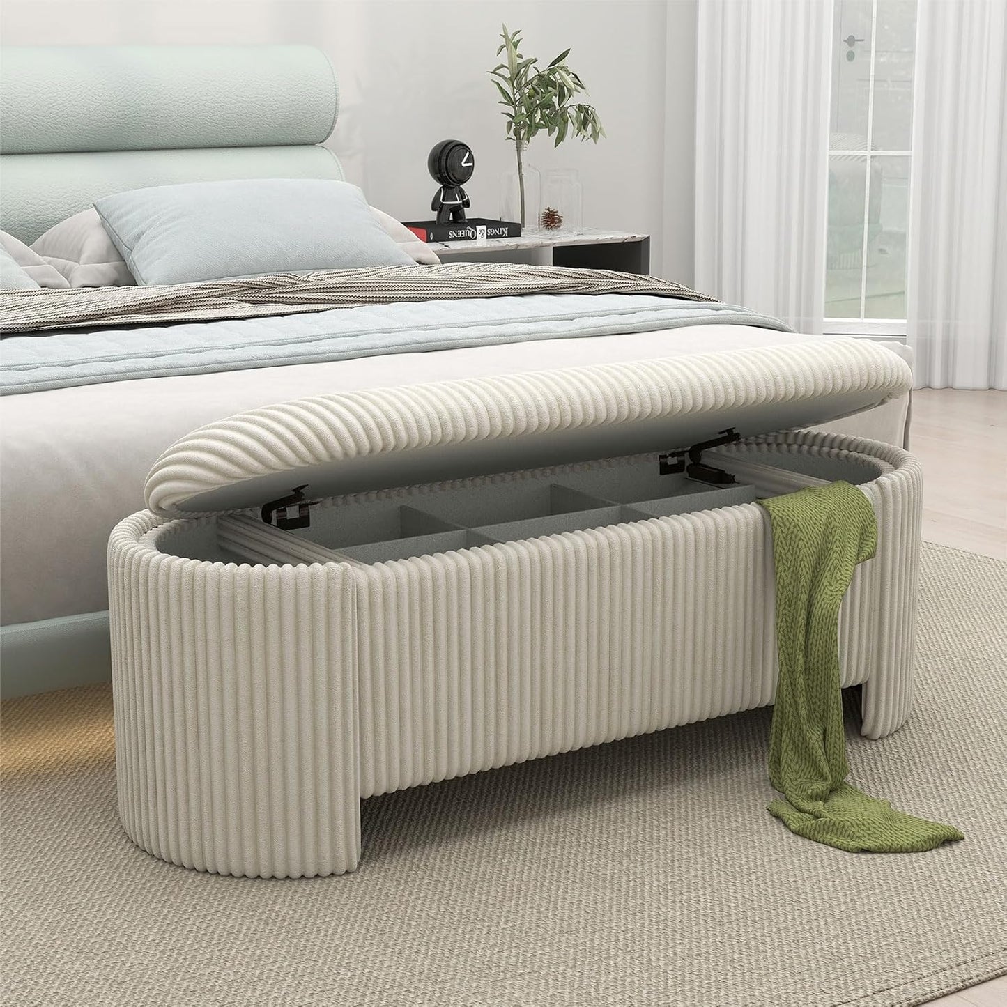Storage Ottoman Bench Upholstered Corduroy End of Bed with Safety Hinge for Bedroom, Living Room, Entryway, Closet, Stool Modern Design Legs, No Installation Needed, White