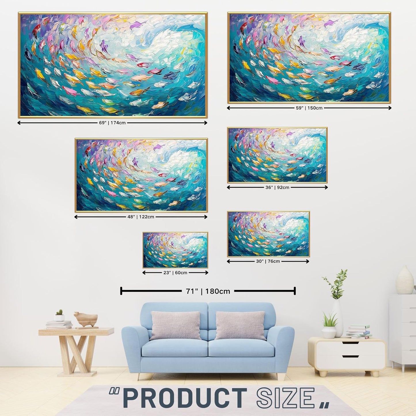 Fish Canvas Wall Art, Abstract School of Fish Canvas Wall Art, School of Fish Painting Canvas, School of Fish Wall Art, Fish Wall Decor, Fish Pictures Wall Decor, Bedroom Canvas Wall Decor (Gold Framed, 30"x17" | 76x43cm)