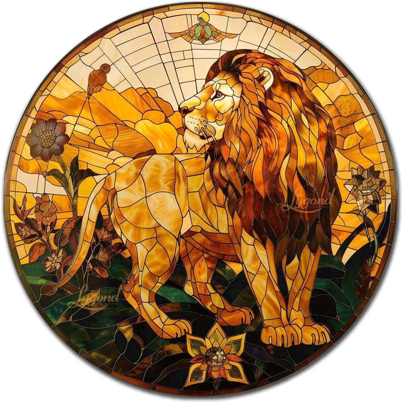 Lygond Metal Sign Tin Sign Circular Stained Glass Lion Greenhouse Decor For Pub 12×12 Inches