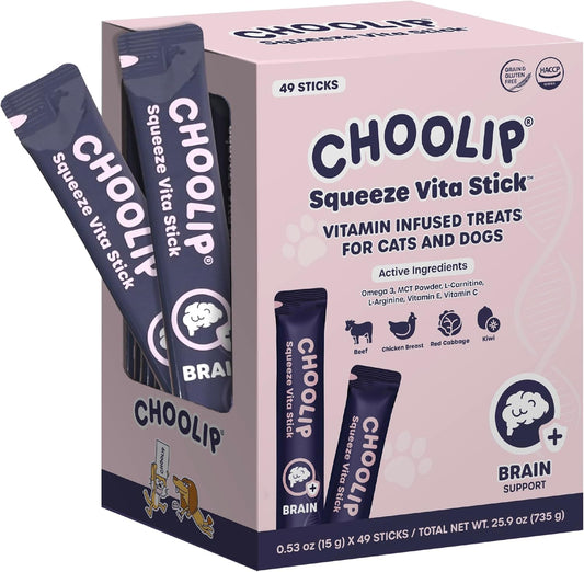 Grab & Go Squeeze Vita Stick Lickable Treats for Dogs & Cats. 49 Brain Support Sticks with Essential multivitamins. Soft and Tasty Paste for All Life Stages, Supporting Brain Health