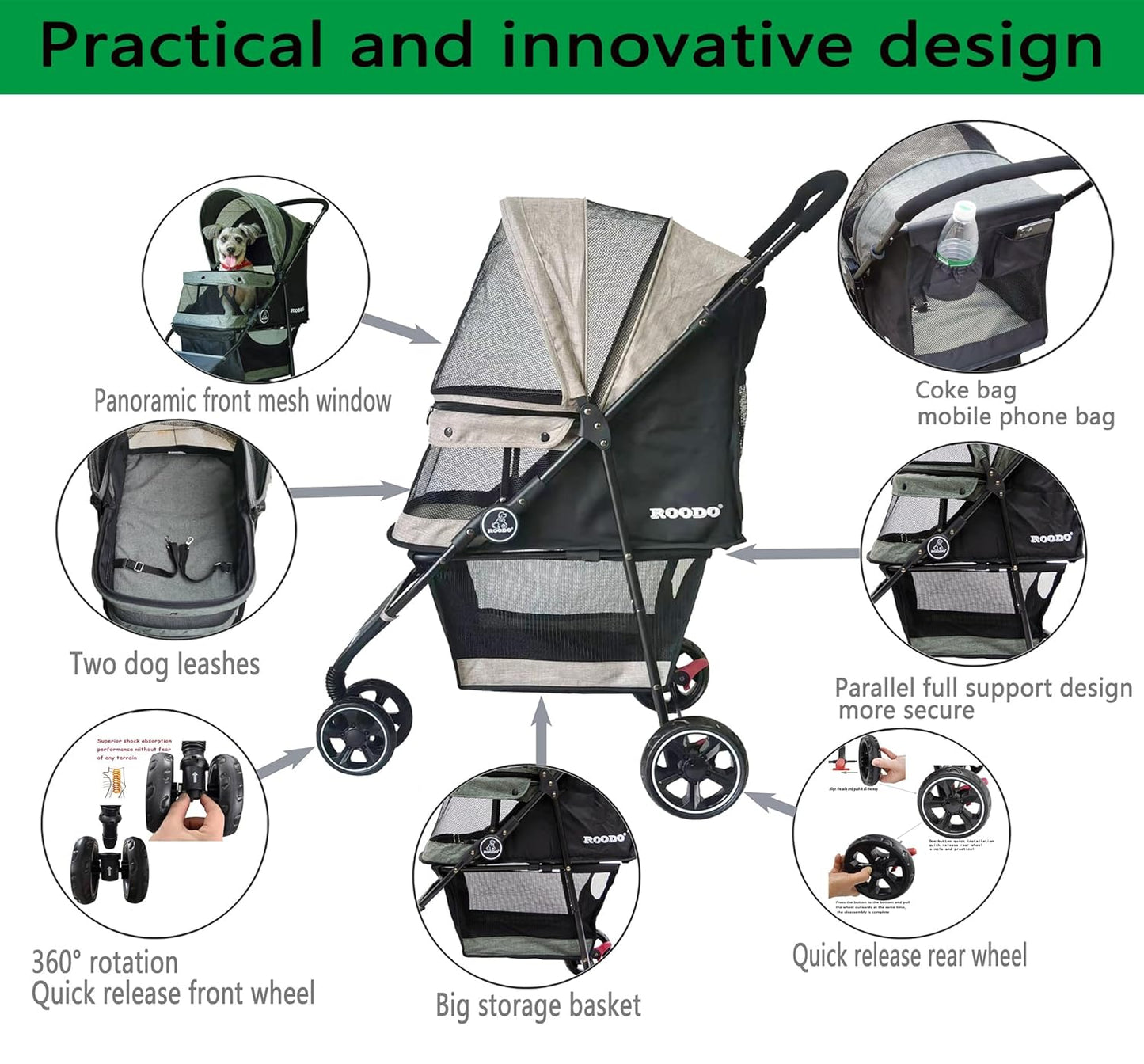 ROODO 3 Wheel Dog Pet Cat Stroller Best Lightweight Foldable Compact Portable Jogger All Terrain Travel Pet Gear Puppy Kitty Stroller for up to 30lbs Medium Small Dogs and Cats(Light Khaki)
