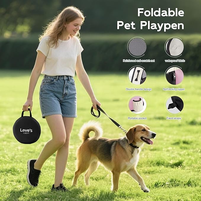 Love's cabin Pet Puppy Dog Playpen, Medium Dog Tent Crates Cage Indoor/Outdoor, Portable Exercise Playpen for Cat, Foldable Pop Up Dog Kennel Playpen with Carring Case (M, Light Pink)