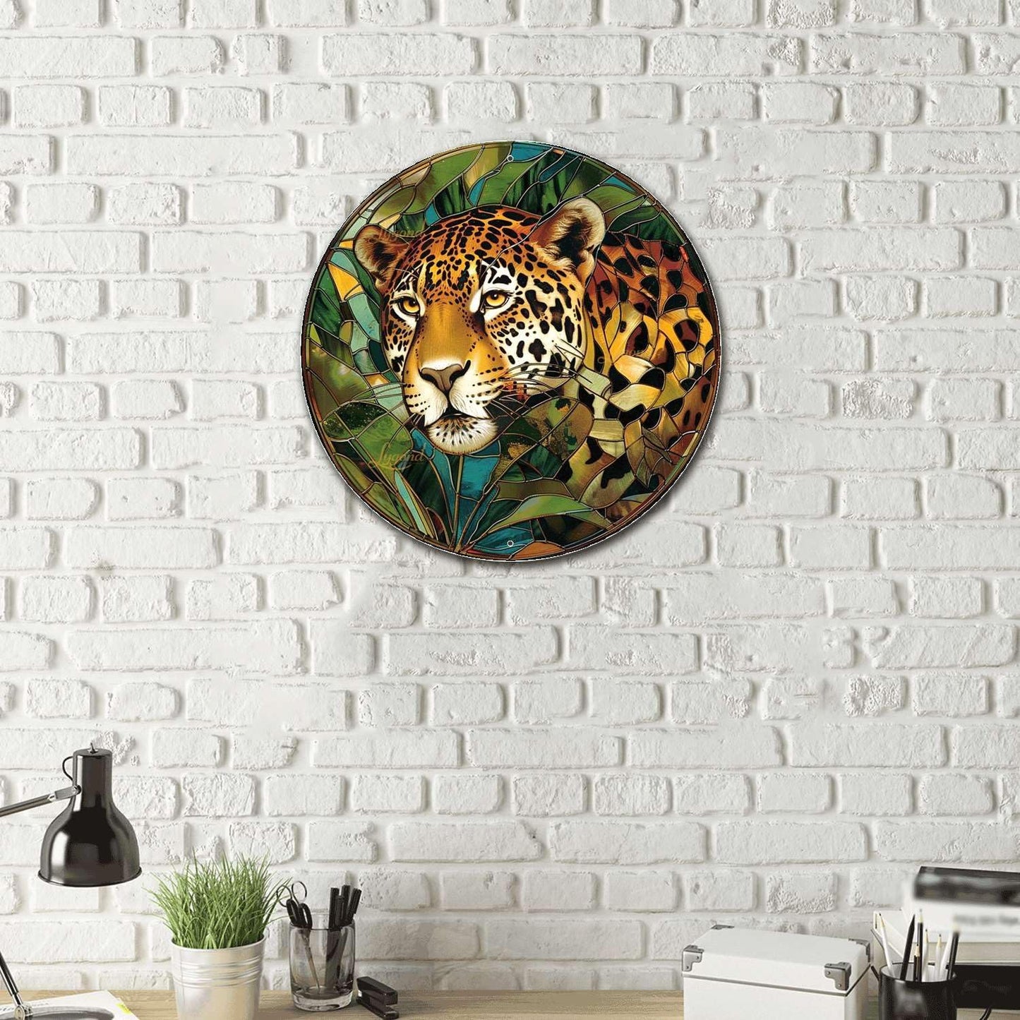 Lygond Metal Sign Tin Sign Circular Stained Glass Jaguar Minimalist Wall Art for Garage 12×12 Inches