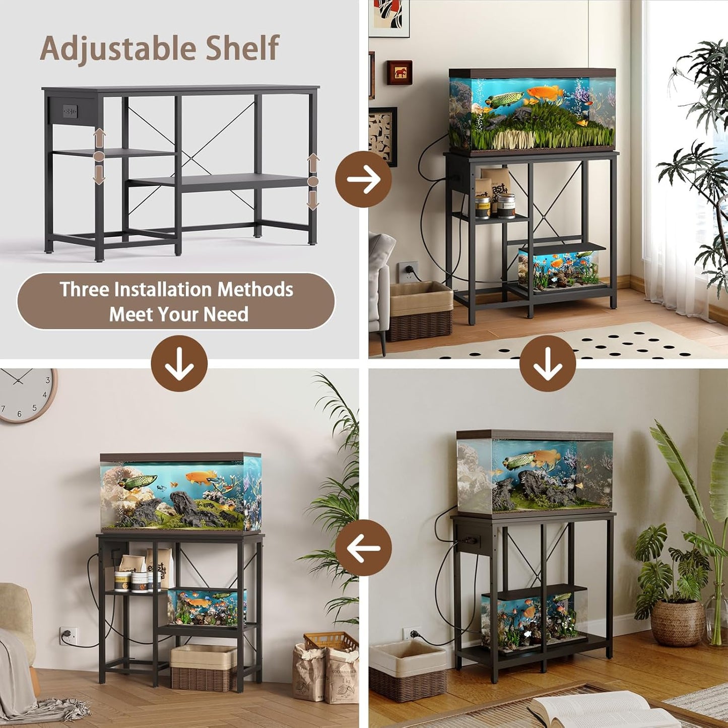20-29 Gallon Fish Tank Stand with Power Outlet & LED Light, Metal Aquarium Stand with 3 Tier Adjustable Storage Shelves, Tank Stand for Reptile Tank, Turtle Tank, 30.7" L*13.8" W, Black