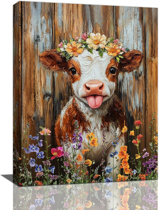 Funny Cow Bathroom Pictures Wall Art, Rustic Brown Cute Cow Bathroom Wall Decor, Farmhouse Floral Framed Painting Animal Flower Canvas Artwork for Bedroom Living Room Decorations 16"L x 12"W