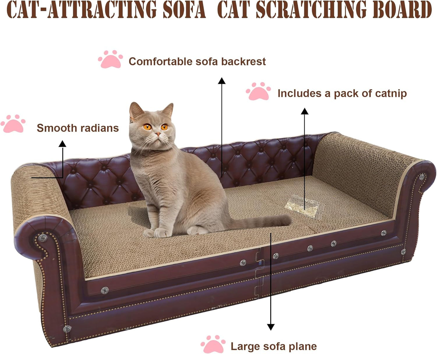 Scratching Sofa, Couch Shaped Thick Scratching Cardboard, Lounge Bed for Indoor Rest&Play, Sofa Scratcher Pad (Brown, 39.4" L X 14" W X 11" H)