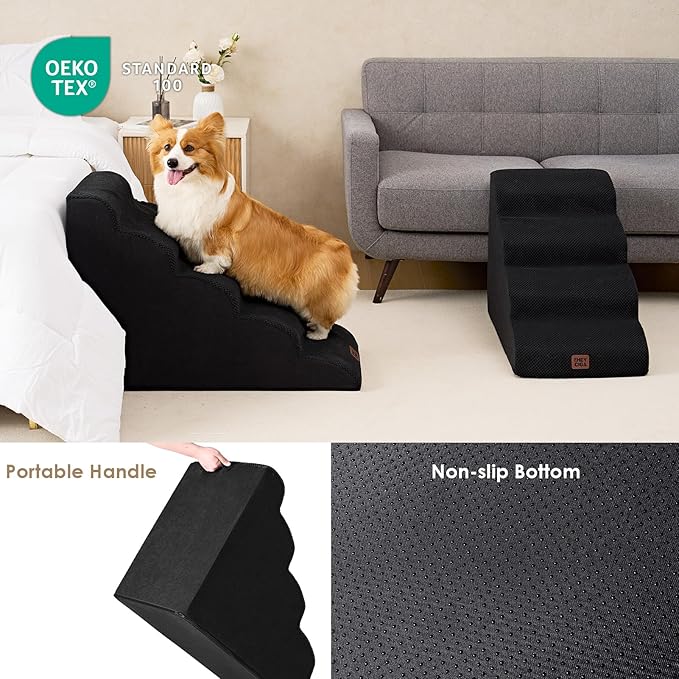 EHEYCIGA Curved Dog Stairs Ramp for High Beds 22.6" H, 5-Step Dog Steps for Small Dogs and Cats, Pet Stairs for High Bed Climbing, Non-Slip Balanced Pet Step Indoor, Black