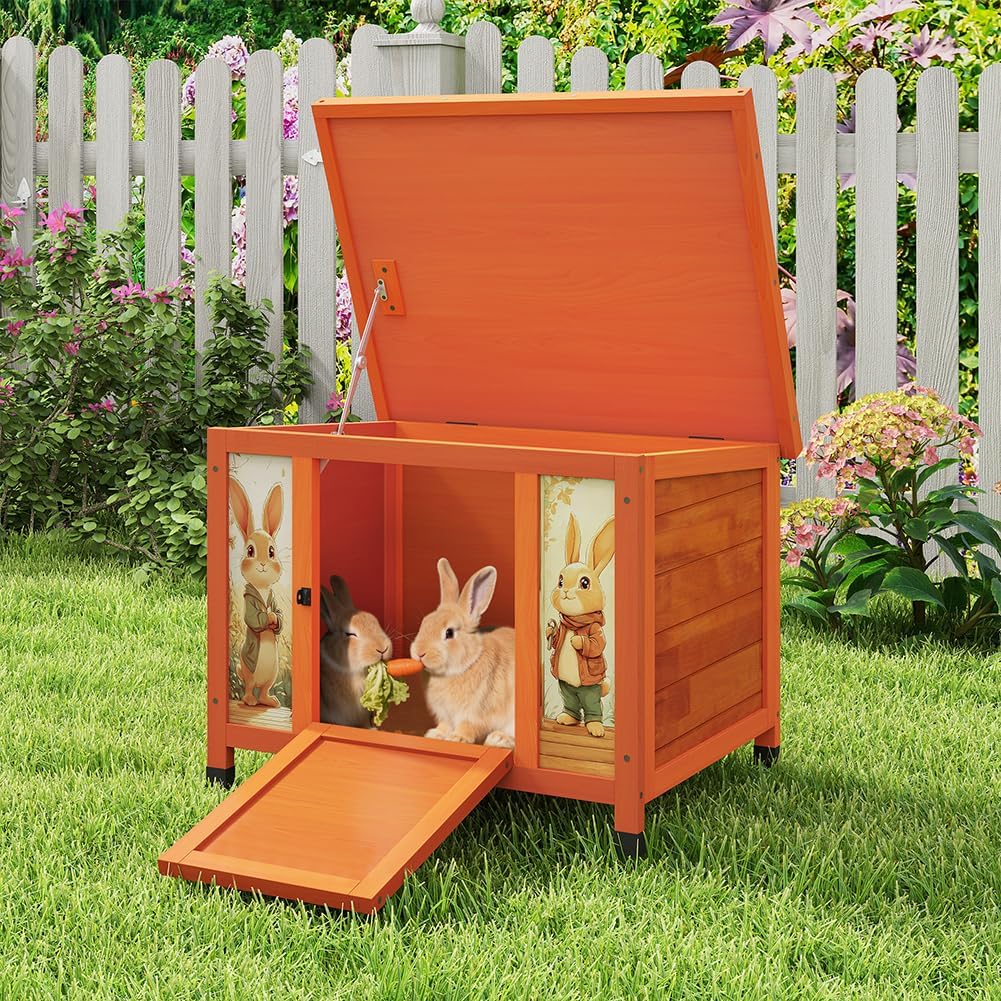 COZIWOW 24in Wooden Cat House Outdoor & Indoor Pet Shelter with Foldable Ramp - Weatherproof Rabbit Hutch with Unique Machine-Printed Art Designs for Cat, Rabbit, Guinea Pig (Orange)