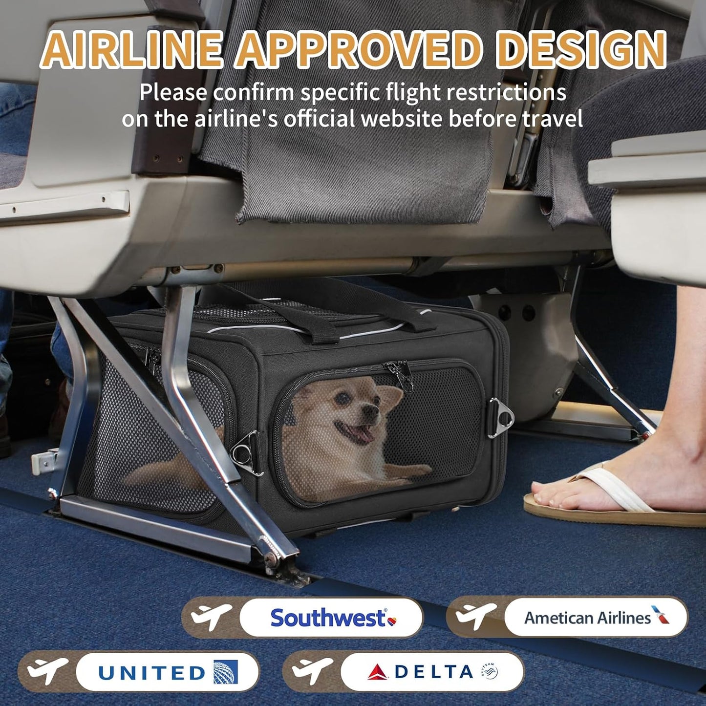 ‌Petsfit Airline Approved Pet Carrier for Small Dogs & Cats, 19x9x12 TSA Approved Carrier, with Removable Dual-Sided Padding (2-Way Placement) - Fits Under Most Airplane Seats, Escape Proof (Black)