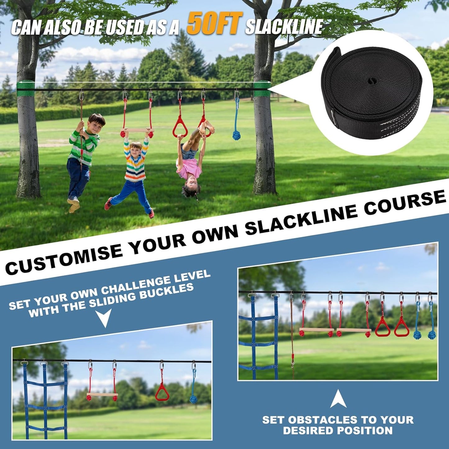 Slsy Ninja Warrior Obstacle Course for Kids, 50FT Durable Ninja Slackline Kit with 8 Complete Accessories, Playset Equipment with Swing, Climbing Net, Ladder & Monkey Bars (8 Obstacles)