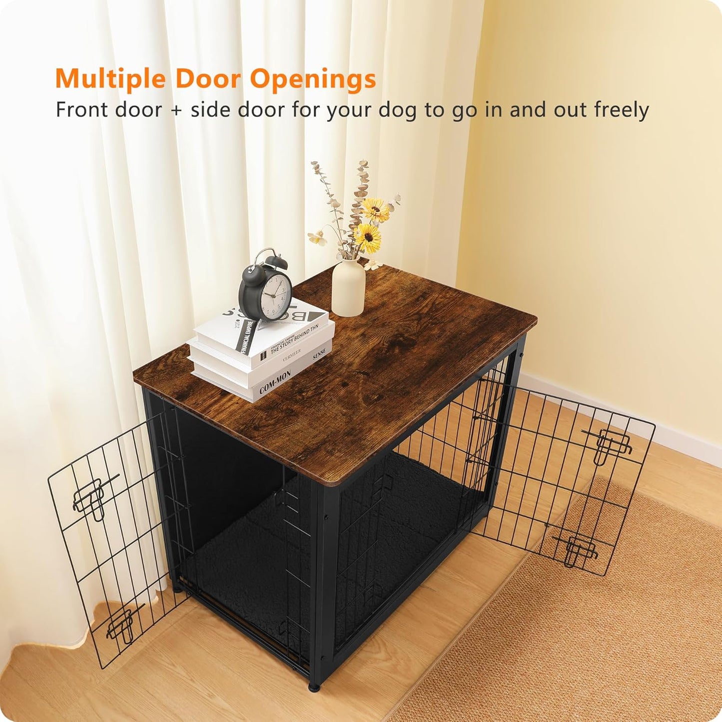 DWANTON Dog Crate Furniture with Cushion, Wooden Kennel Table with Double Doors, Indoor Dog House, Medium Size, 32.5" L, Black+Rustic Brown