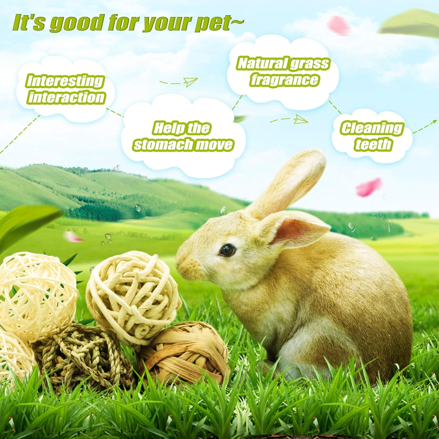 8 Pcs Small Animals Play Balls Rolling Activity Chew Toys Gnawing Treats for Rabbits Guinea Pigs Chinchilla Bunny Natural Balls, Pet Cage Entertainment Accessories (8Pcs)