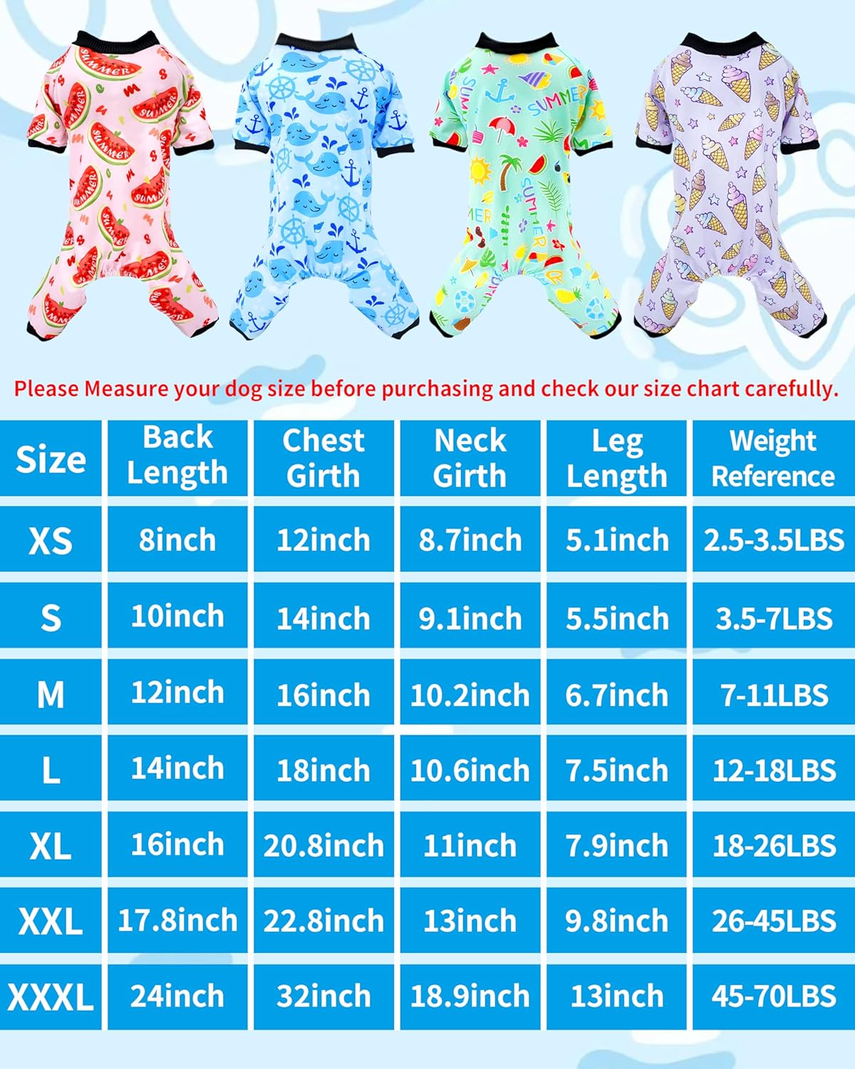 PET SHOW 4 Pack Dog Pajamas for Small Medium Dogs Girl Boy Watermelon Soft Stretchy PJs Whale Ice Cream Jumpsuit Dog Floral Onesies Outfits with Sleeve Pets Breathable Summer Clothes Costume XL
