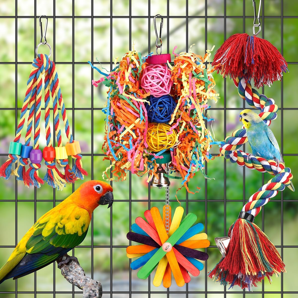 Bird Toys Rope Perch with Bell Colorful Bird Chewing Shredding Foraging Toys Parrot Swing Climbing Standing Hanging Toys Cage Accessories for Conure Cockatiel Budgies Lovebird