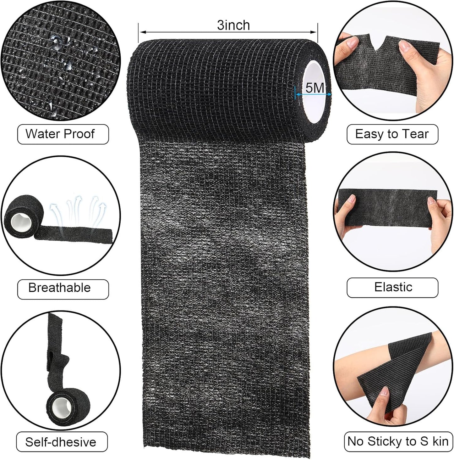 Treela 36 Pcs Self Adherent Bandage 3" X 5 Yard Wrap Breathable Cohesive Bandage Elastic Adhesive Tape for Stretch Athletic Sports Wrist Ankle(Black)