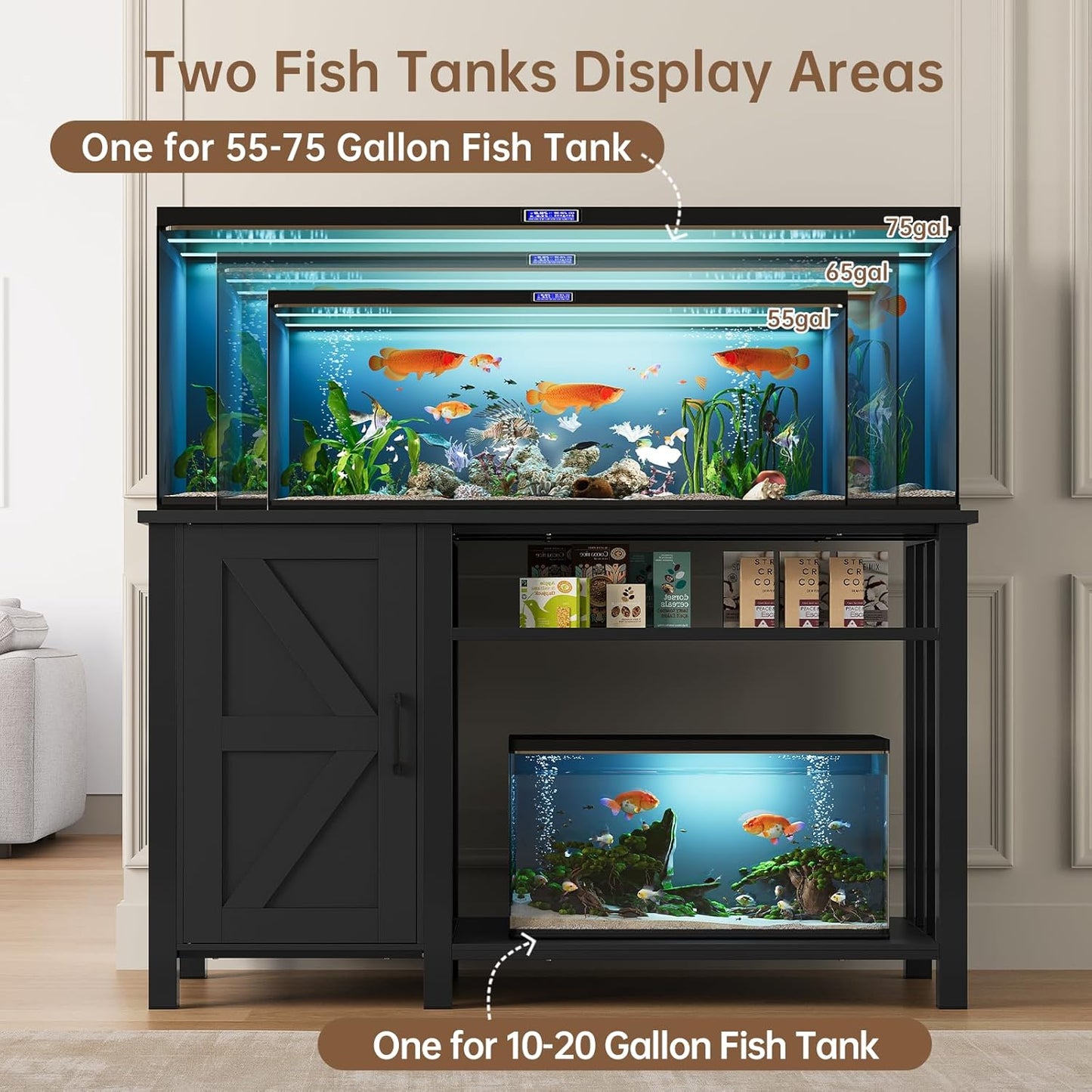 55-75 Gallon Aquarium Stand with Power Outlet, Heavy Duty Fish Tank Stand with Cabinet Storage & Adjustable Shelf, for Fish Tank, Turtle Tank, Reptile Terrarium, 1000LBS Capacity, Black