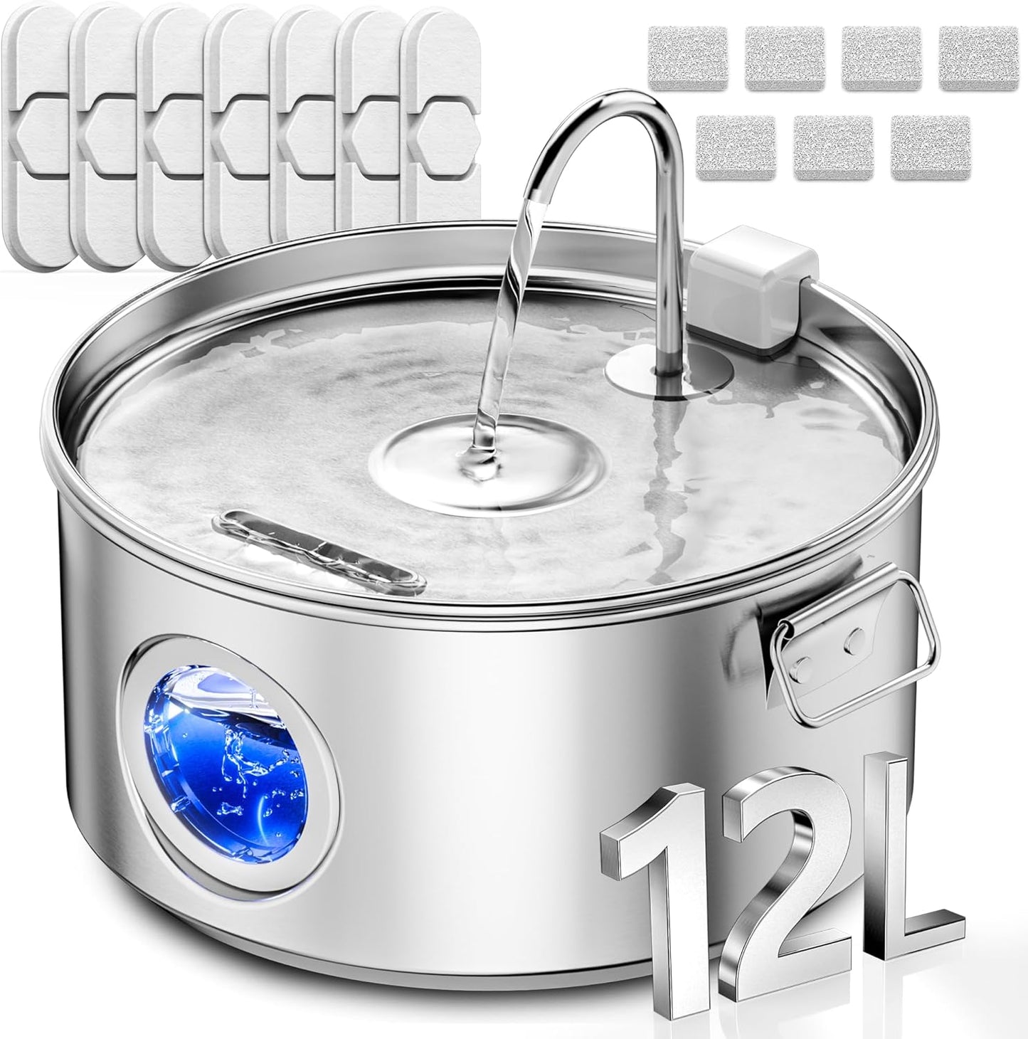 Dog Water Fountain for Large Dogs, 3.2Gal/406oz/12L Stainless Steel Dog Water Fountain, Quiet Dog Water Bowl Dispenser with Visible Window for Multi-pet Home, Includes 7 Filters Set