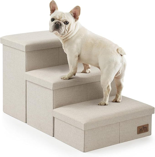 Dog Stairs with Storage, 3-Step Wider Sturdy Dog Steps for Small/Medium/Large Dogs and Older Cats, Folding Doggie Ramp for Bed/Couch/Car Hold Up to 180 lbs (16.7" H, Beige)