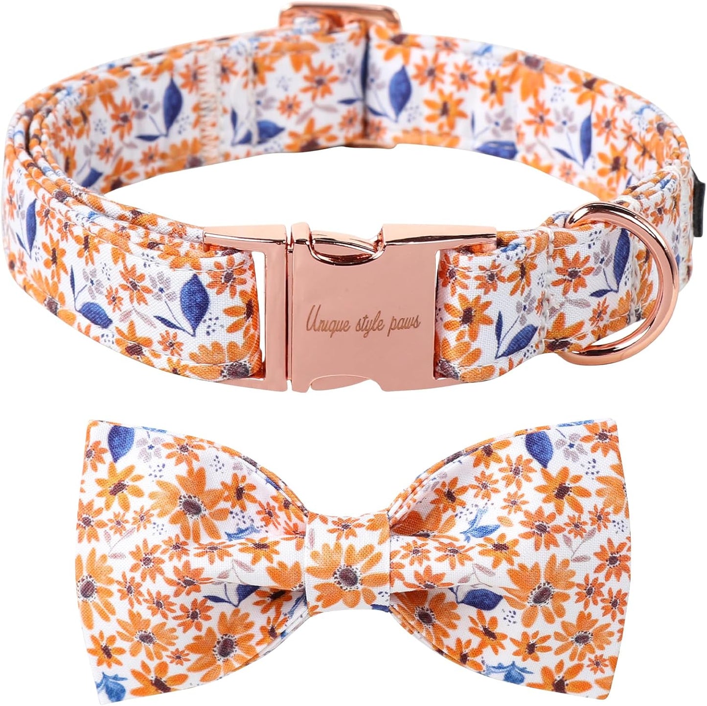 Unique Style Paws Autumn Leaf Collar with Bow Blue Leaf Flower Cotton Dog Collars for Small Medium Large Dogs
